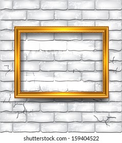Golden luxury empty frame on the white brick wall