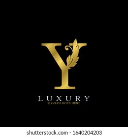 Golden  Luxury Feather Initial Letter Y Logo Icon, creative alphabet vector design concept for luxuries business.