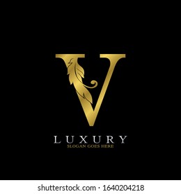 Golden  Luxury Feather Initial Letter V Logo Icon, creative alphabet vector design concept for luxuries business.