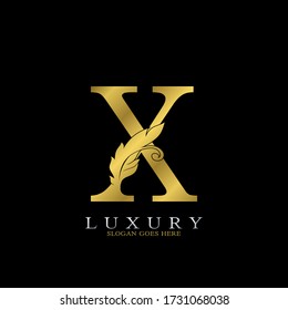 Golden  Luxury Feather Initial Letter X Logo Icon, creative alphabet vector design concept for luxuries business.