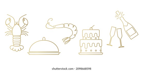 golden luxury food, party, banquet elements: lobster, tray, shrimp, cake and champagne- vector illustration