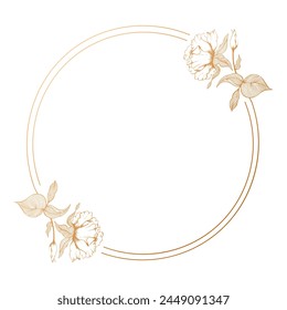 Golden luxury frame with contour plants and flowers for invitation. Template, vector