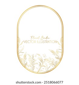 Quadro de luxo dourado com florais desenhados à mão e ramos de folhas. Ilustração ornamentada de casamento.