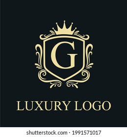 Golden Luxury G Initial Letter Logo Design Template with Shield and Floral Vintage Ornament for Royalty, Wedding, Restaurant, Salon, Boutique, Cafe, Hotel, Heraldic, Jewelry, Fashion Business Brand