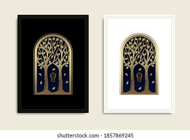 Golden luxury gate, door or window with forest and trees inside