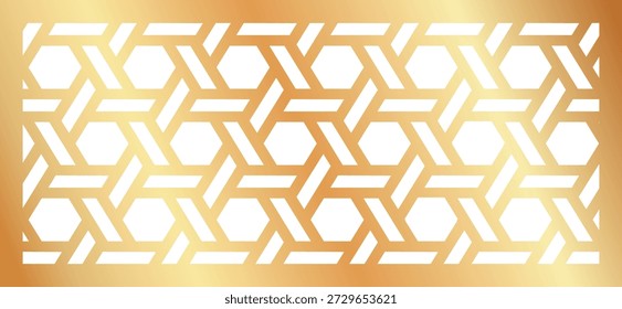 Patrón sin costuras geométrico de lujo dorado. Fondo de Vector Abstractas con diseño de celosía hexagonal para el panel de corte por láser, pantalla arquitectónica o adorno decorativo en blanco.