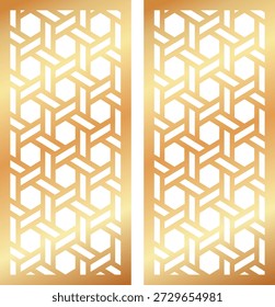 Golden luxury geometric vector panel design. Vertical abstract hexagonal lattice pattern suitable for laser cutting screen, room divider, or architectural decorative partition.