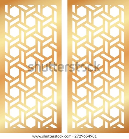 Golden luxury geometric vector panel design. Vertical abstract hexagonal lattice pattern suitable for laser cutting screen, room divider, or architectural decorative partition.