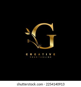 golden luxury GQ logo design with beautiful floral and leaf ornament decoration. initial G letter logo. monogram G typography. feather logo