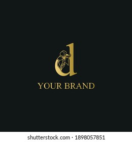 Golden Luxury Initial letter d with February Iris flower for cosmetic, Jewelry, boutique, hotel logo concept vector	