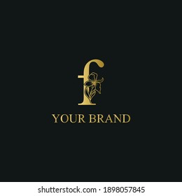 Golden Luxury Initial letter f with February Iris flower for cosmetic, Jewelry, boutique, hotel logo concept vector	