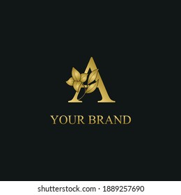 Golden Luxury Initial letter A with flower for cosmetic, boutique, hotel logo concept vector	