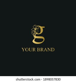 Golden Luxury Initial letter g with February Iris flower for cosmetic, Jewelry, boutique, hotel logo concept vector	