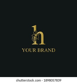 Golden Luxury Initial letter h with February Iris flower for cosmetic, Jewelry, boutique, hotel logo concept vector	