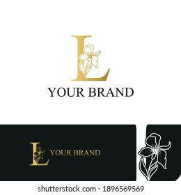 Golden Luxury Initial letter L with February Iris flower for cosmetic, Jewelry, boutique, hotel logo concept vector