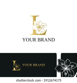 Golden Luxury Initial letter L with February Iris flower for cosmetic, Jewelry, boutique, hotel, resort, florist, beauty spa salon logo concept vector	