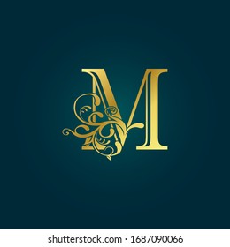 Golden Luxury Initial Letter M Logo Icon Vector Design Concept Floral Leaf with Letter.