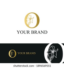 Golden Luxury Initial letter O with February Iris flower for cosmetic, Jewelry, boutique, hotel logo concept vector