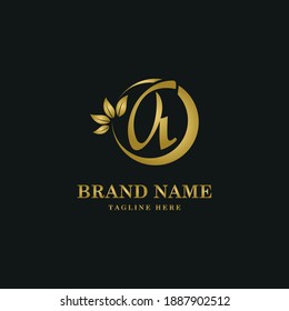 Golden Luxury Initial letter a on circle leaves for cosmetic, restaurant, boutique, hotel logo concept vector