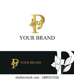 Golden Luxury Initial letter P with flower for cosmetic, boutique, hotel logo concept vector	