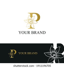 Golden Luxury Initial letter P with March Daffodils narcissus flower for cosmetic, Jewelry, boutique, hotel logo concept vector