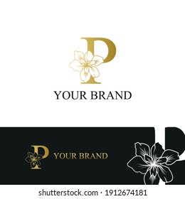 Golden Luxury Initial letter P with February Iris flower for cosmetic, Jewelry, boutique, hotel, resort, florist, beauty spa salon logo concept vector	