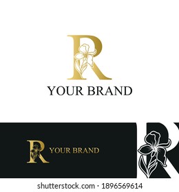 Golden Luxury Initial letter R with February Iris flower for cosmetic, Jewelry, boutique, hotel logo concept vector