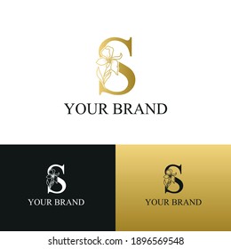 Golden Luxury Initial letter S with February Iris flower for cosmetic, Jewelry, boutique, hotel logo concept vector