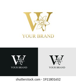 Golden Luxury Initial letter w with March Daffodils narcissus flower for cosmetic, Jewelry, boutique, hotel logo concept vector