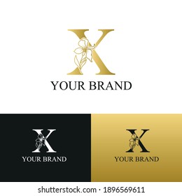 Golden Luxury Initial letter X with February Iris flower for cosmetic, Jewelry, boutique, hotel logo concept vector