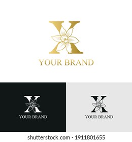 Golden Luxury Initial letter x with March Daffodils narcissus flower for cosmetic, Jewelry, boutique, hotel logo concept vector