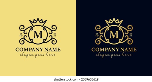 golden luxury initials letter M with ornament and crown icon for your royal brand, wedding, decorative logo