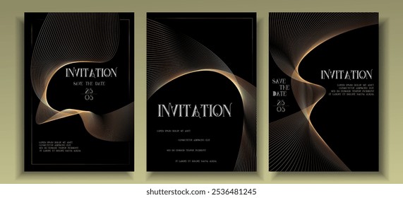 Fundo de cartão de convite Golden Luxury. Gradiente de linha de ouro orgânico no escuro.  Design elegante premium para cartão de gala, grande abertura, convite de festa, layout, modelos.