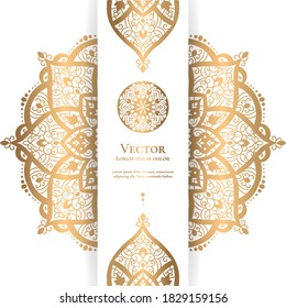 Golden luxury invitation card design with vector mandala pattern. Vintage ornament template. Can be used for background and wallpaper. Elegant and classic vector elements great for decoration.