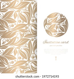 Golden luxury invitation card design with leaf mandala pattern. Vintage ornament template. Can be used for background and wallpaper. Elegant and classic vector elements great for decoration.