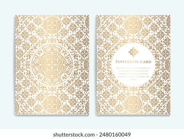 Golden luxury invitation card design with vector mandala ornament pattern. Vintage template. Can be used for background and wallpaper. Elegant and classic vector elements great for decoration.