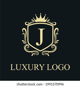 Golden Luxury J Initial Letter Logo Design Template with Shield and Floral Vintage Ornament for Royalty, Wedding, Restaurant, Salon, Boutique, Cafe, Hotel, Heraldic, Jewelry, Fashion Business Brand