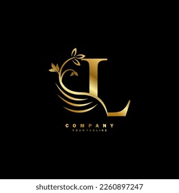 golden luxury L letter logo with beautiful floral and feather ornament. feather logo. L typography, L monogram. Suitable for business logos, brands, companies, boutiques, beauty logos, etc