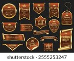 Golden luxury labels and badges gold premium quality certificate ribbons stock illustration 