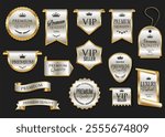 Golden luxury labels and badges gold premium quality certificate ribbons vector illustration 