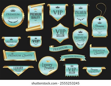 Golden luxury labels and badges gold premium quality certificate ribbons stock illustration 