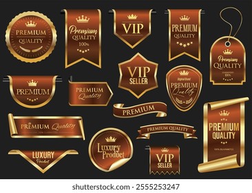 Golden luxury labels and badges gold premium quality certificate ribbons stock illustration 