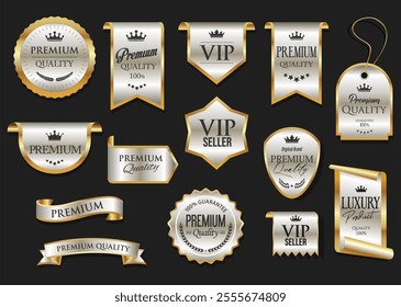 Golden luxury labels and badges gold premium quality certificate ribbons vector illustration 