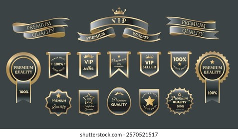 Golden luxury labels and badges. Gold premium quality certificate ribbon set isolated on black vector illustration