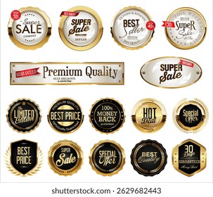 Golden luxury labels and badges gold premium quality certificate ribbons vector illustration 