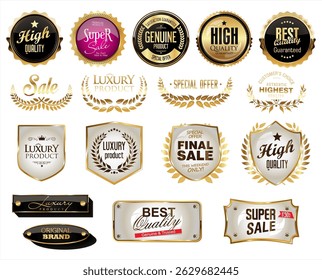 Golden luxury labels and badges gold premium quality certificate ribbons vector illustration 