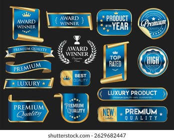 Golden luxury labels and badges gold premium quality certificate ribbons vector illustration 