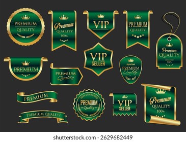 Golden luxury labels and badges gold premium quality certificate ribbons vector illustration 