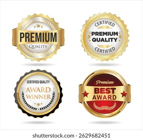 Golden luxury labels and badges gold premium quality certificate ribbons vector illustration 