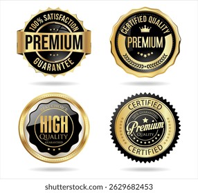 Golden luxury labels and badges gold premium quality certificate ribbons vector illustration 